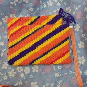 3153 Set of Two Hand Crochet Potholders in Orange ,Yellow and Blue.